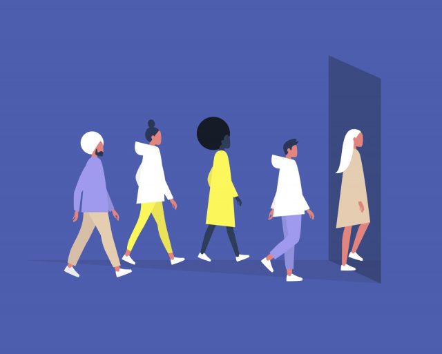 Illustration d'un groupe de personne diverse rentrant dans une pièce