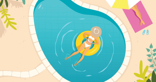 Illustration femme sur une bouée dans une piscine qui se relaxe en vacances